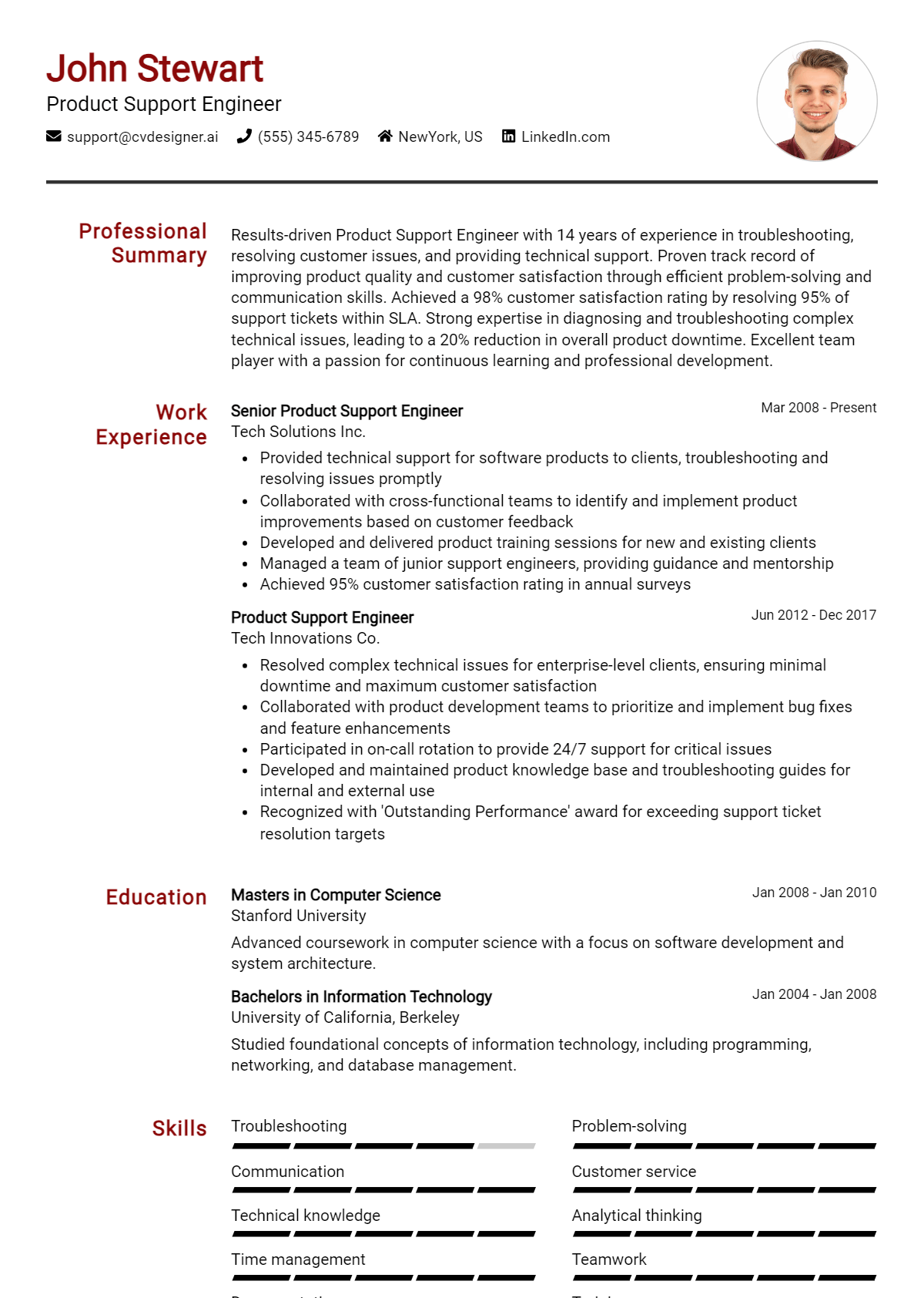 Product Support Engineer Resume Example