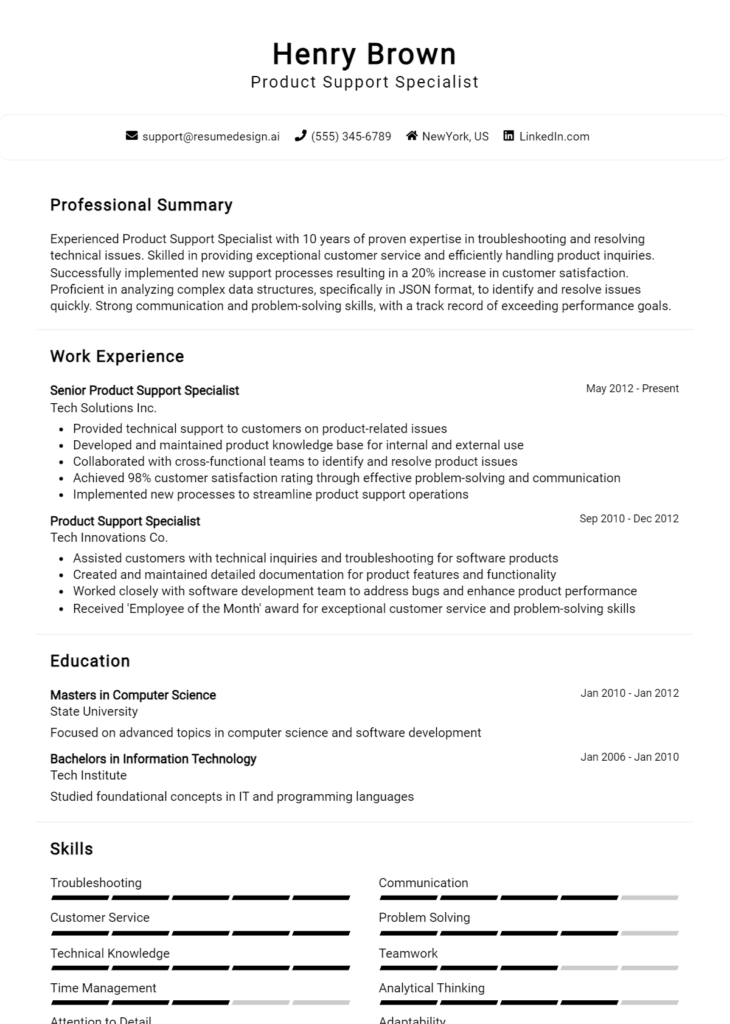 Product Support Specialist Resume Example