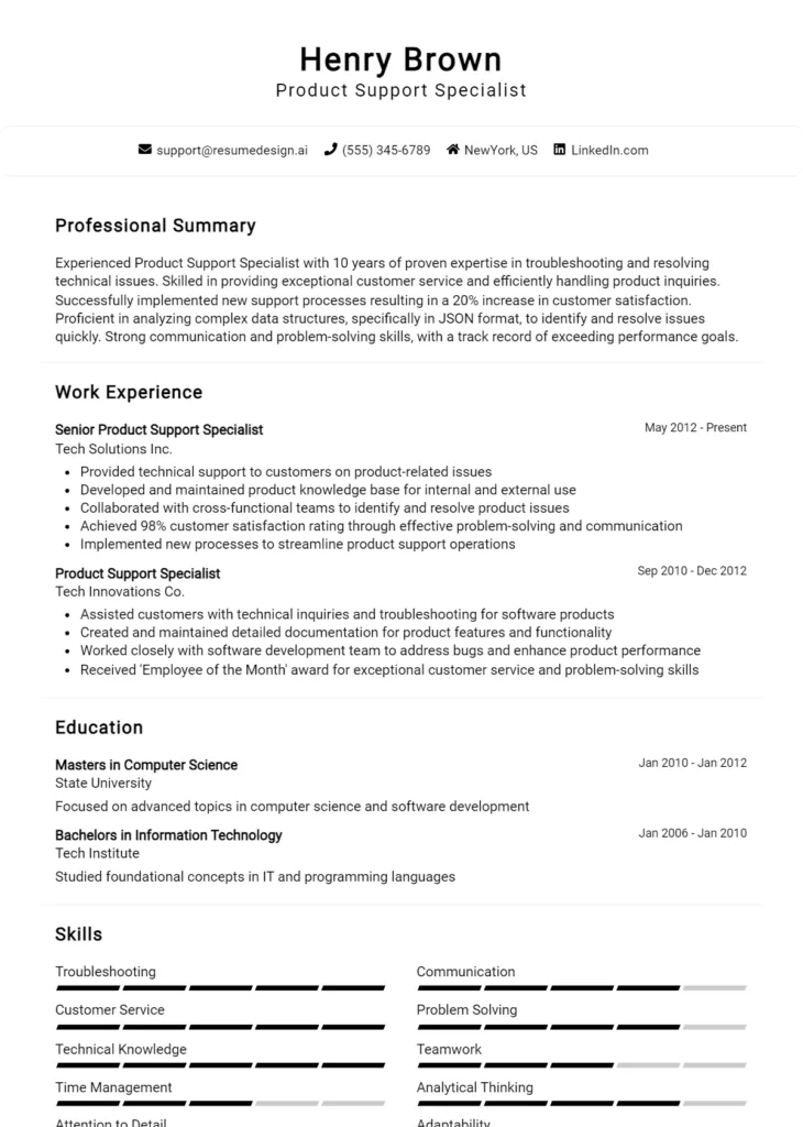 Product Support Specialist Resume Example