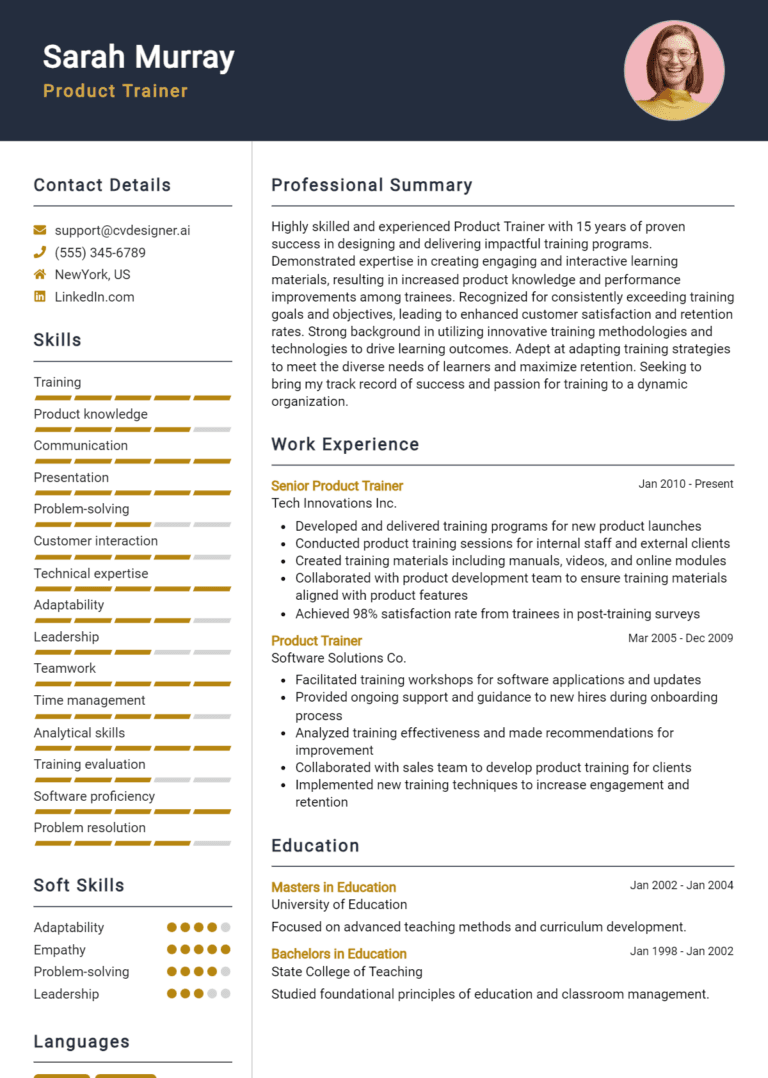 8 Product Trainer Resume Examples And Templates for 2025 (Downloadable)
