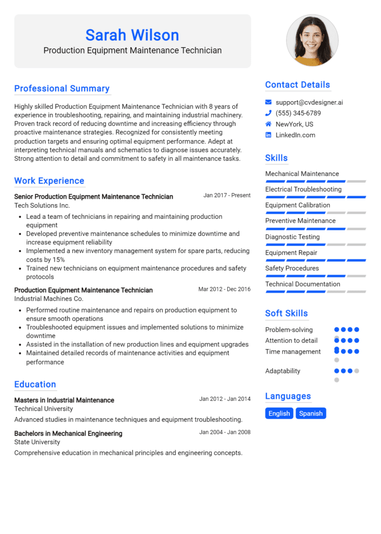 18 Production Equipment Maintenance Technician Resume Examples And Templates for 2025