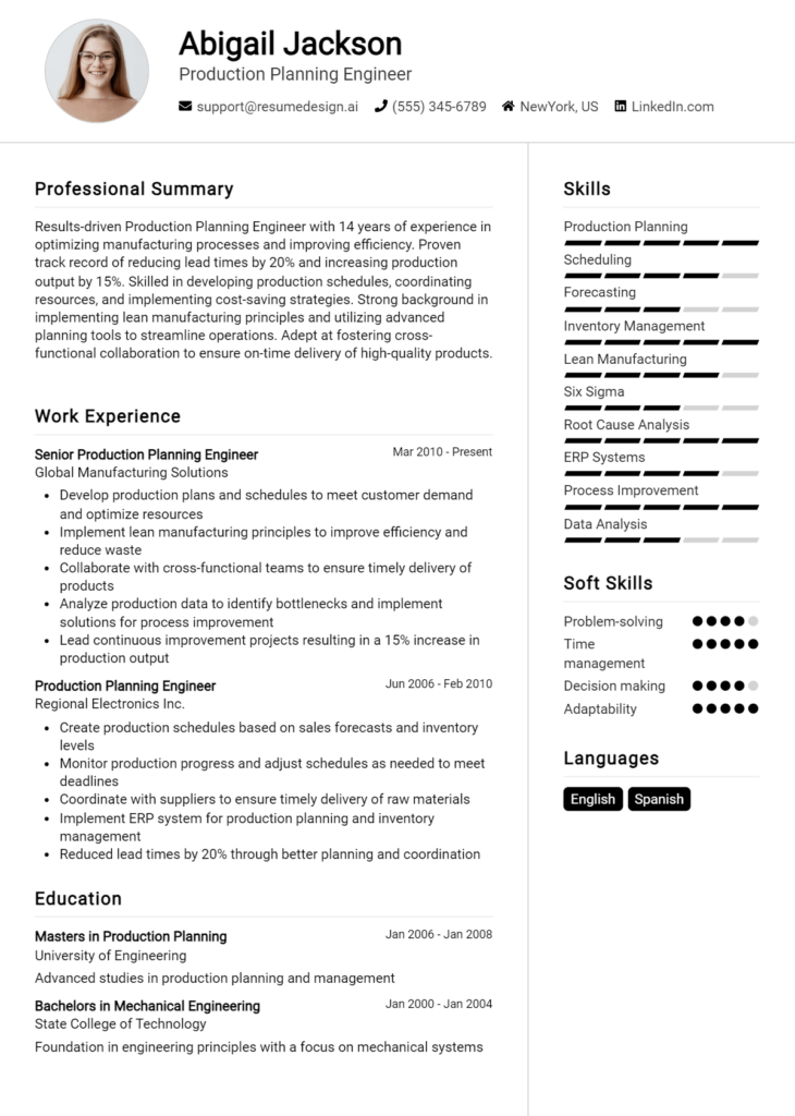 Production Planning Engineer Resume Example