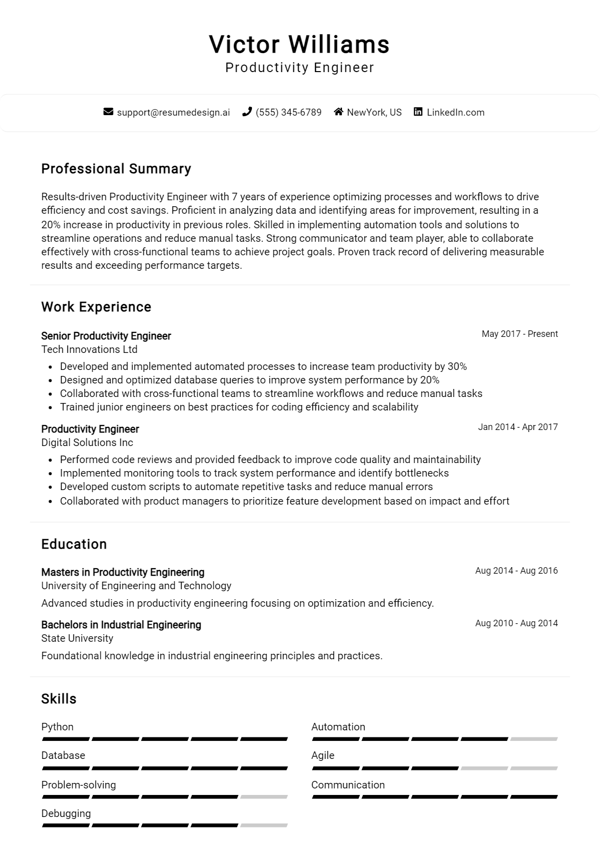 Productivity Engineer Resume Example