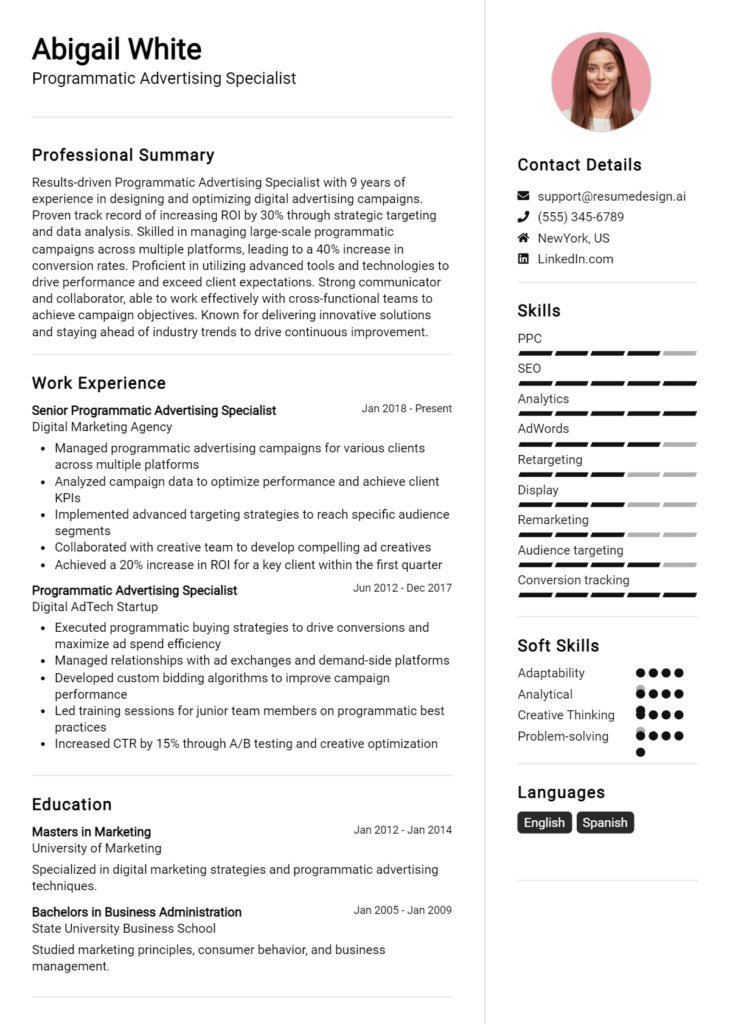 Programmatic Advertising Specialist Resume Example