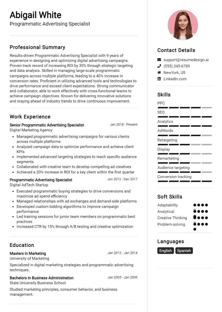 20 Programmatic Advertising Specialist Resume Examples And Templates for 2025