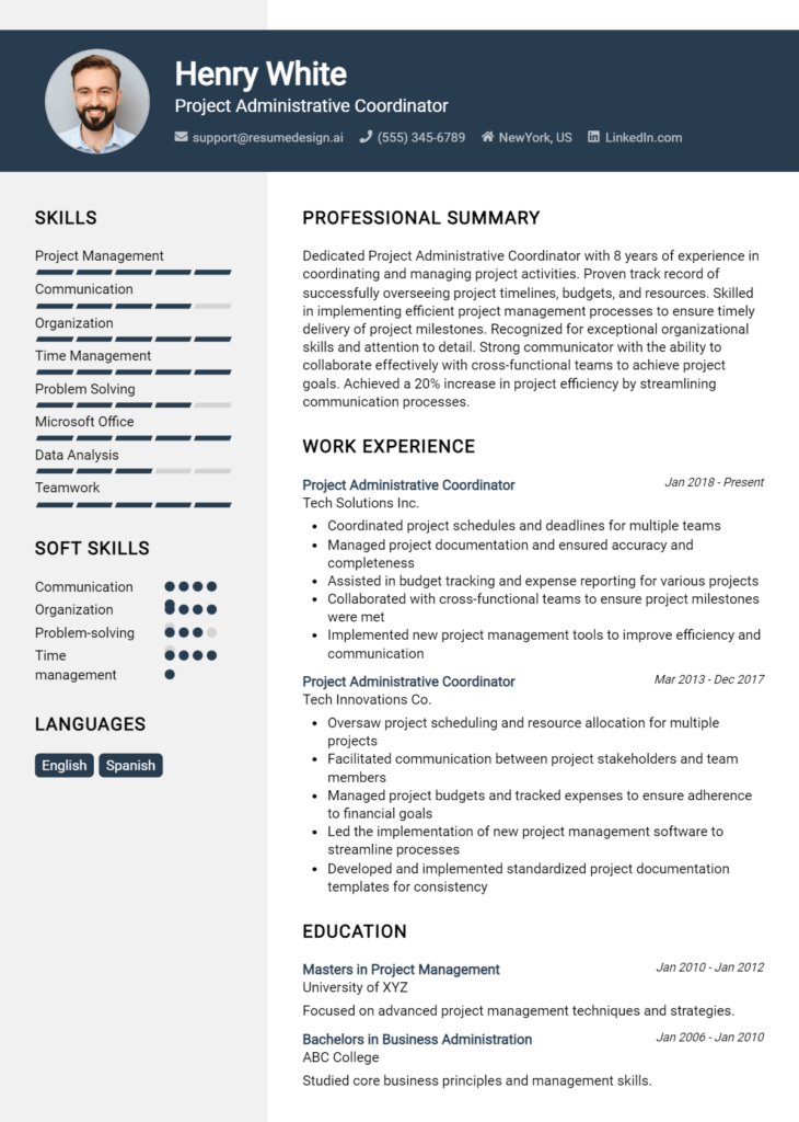 Project Administrative Coordinator Resume Example