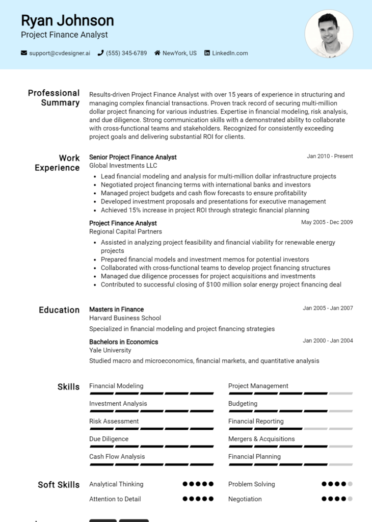 Project Finance Analyst Resume Example