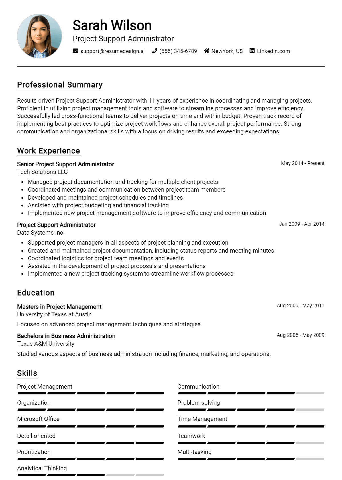 Project Support Administrator Resume Example