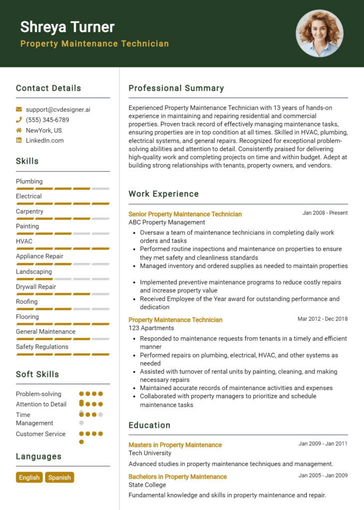 Property Maintenance Technician Resume Example