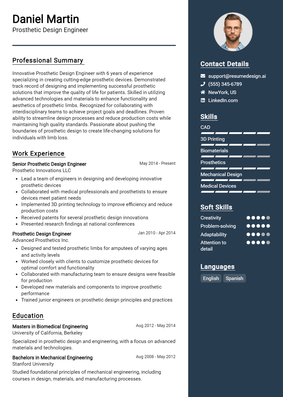 Prosthetic Design Engineer Resume Example