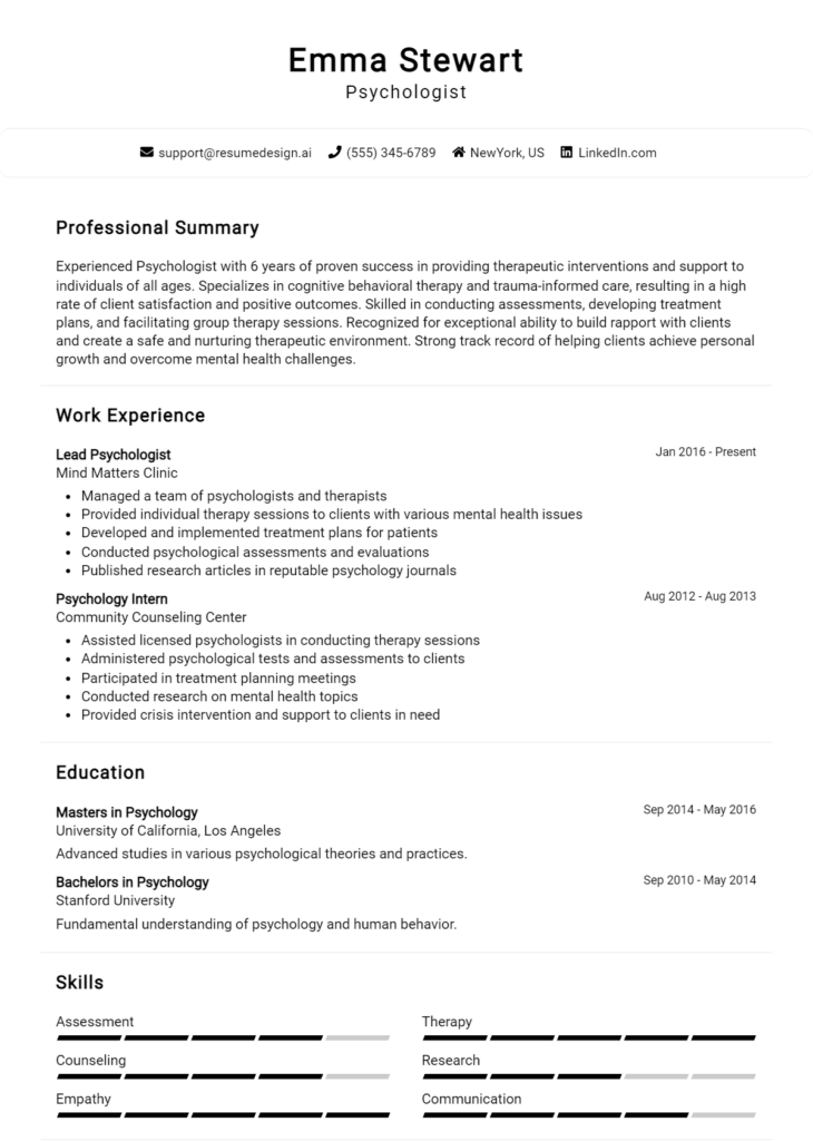 Psychologist Resume Example