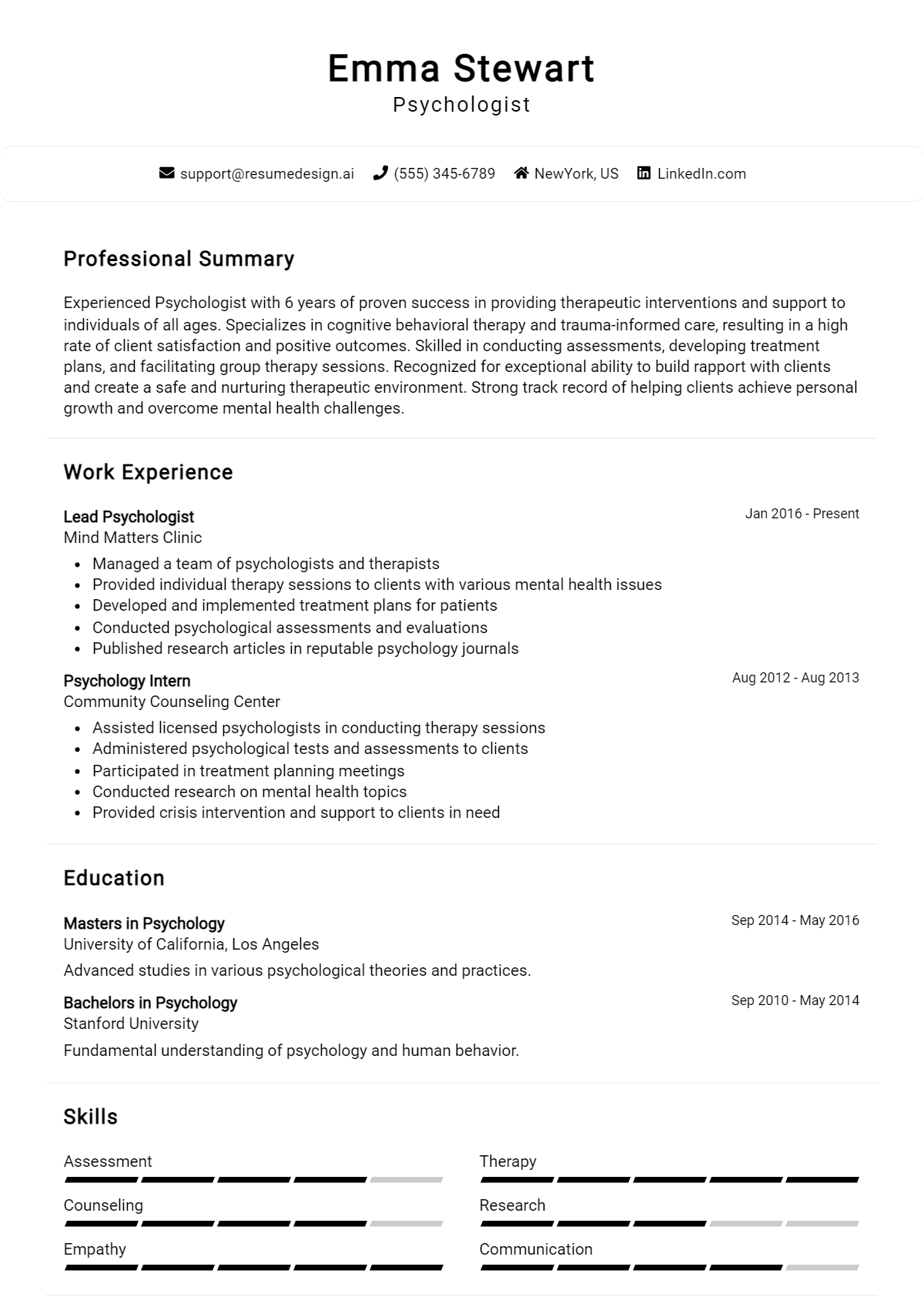 Psychologist Resume Example