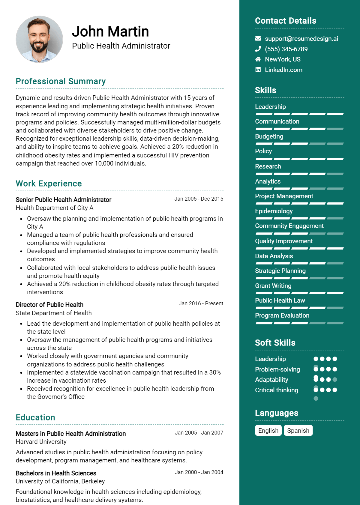 Public Health Administrator Resume Example