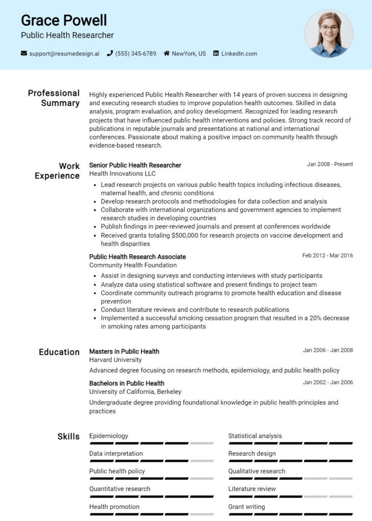 Public Health Researcher Resume Example