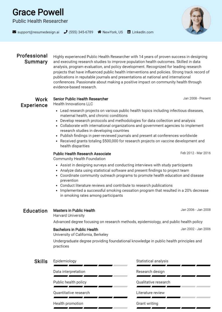 17 Public Health Researcher Resume Examples And Templates for 2025