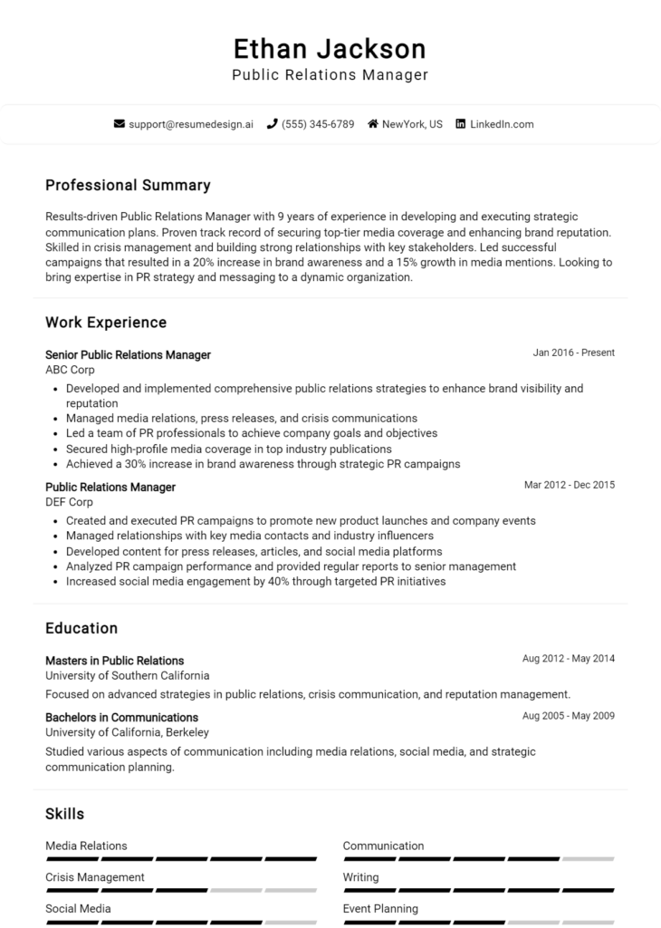 Public Relations Manager Resume Example