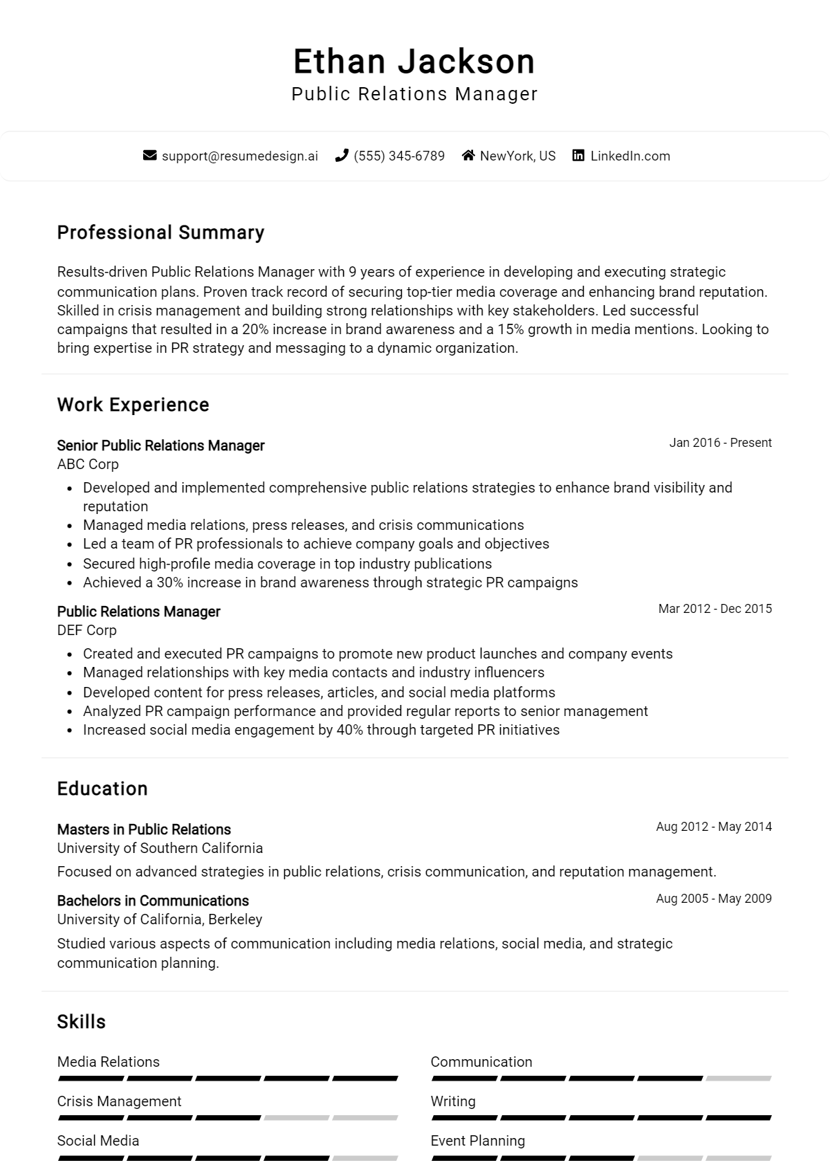 Public Relations Manager Resume Example