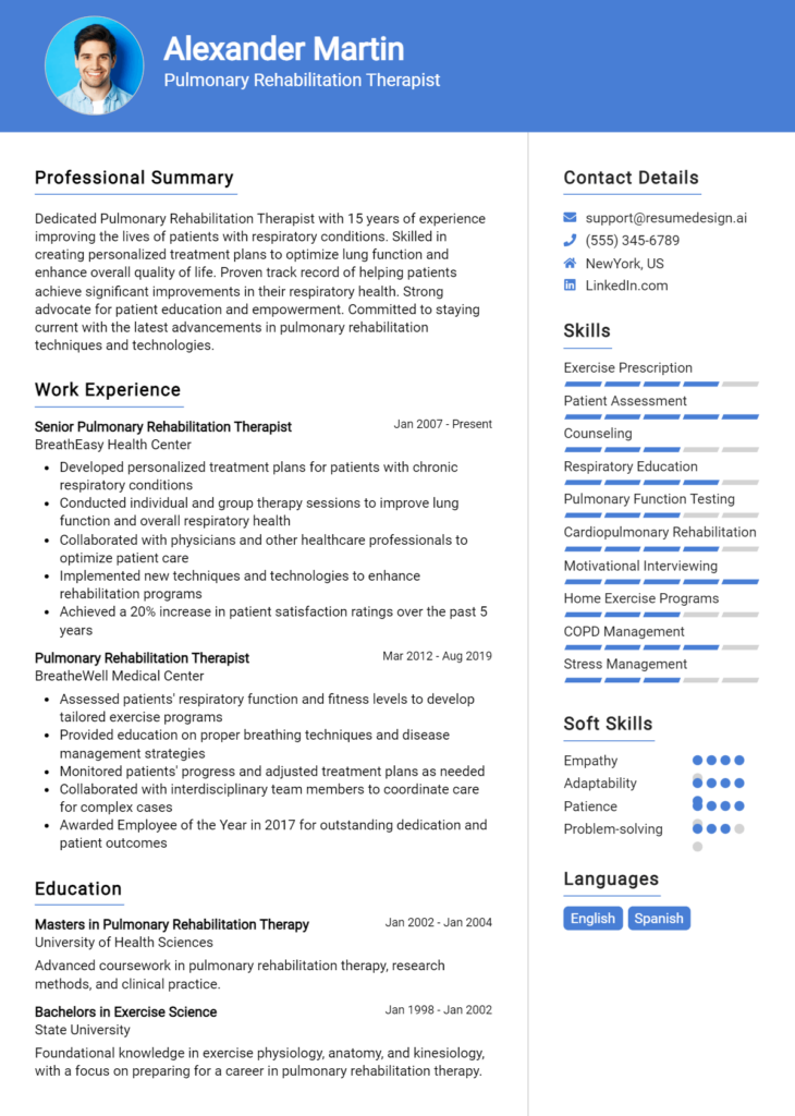 Pulmonary Rehabilitation Therapist Resume Example