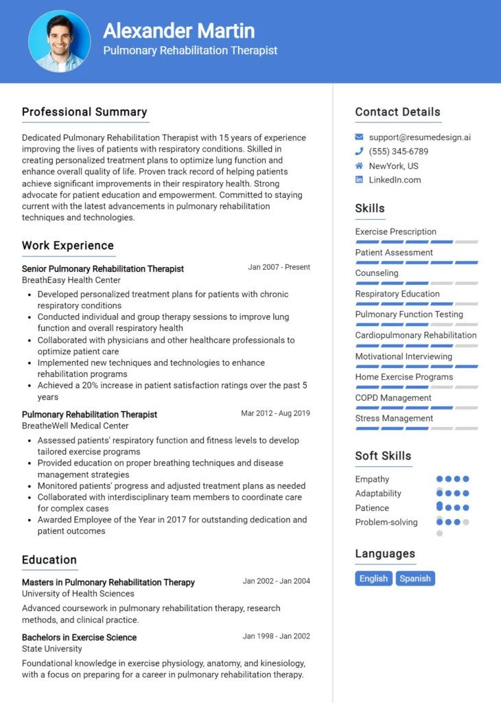 Pulmonary Rehabilitation Therapist Resume Example