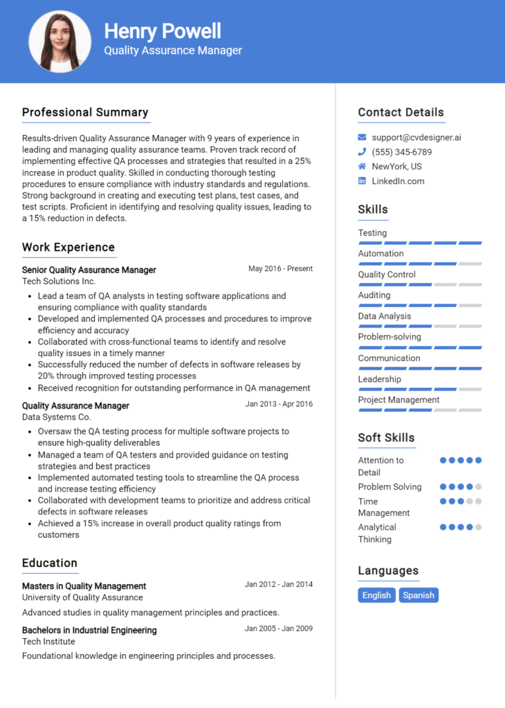 Quality Assurance Manager Resume Example