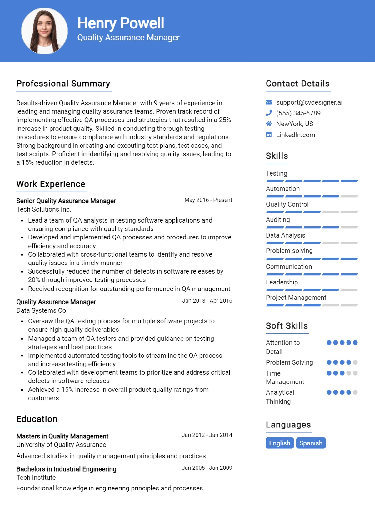 Quality Assurance Manager Resume Example