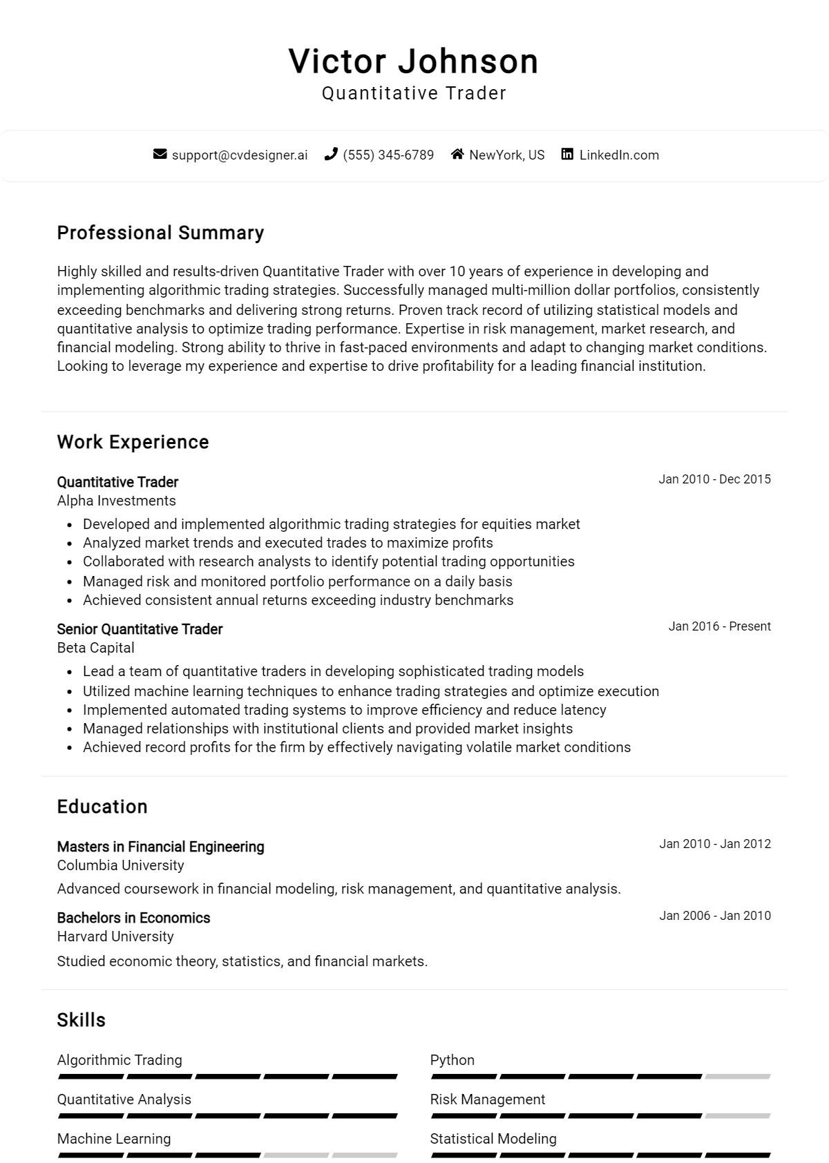 Quantitative Trader Resume Example