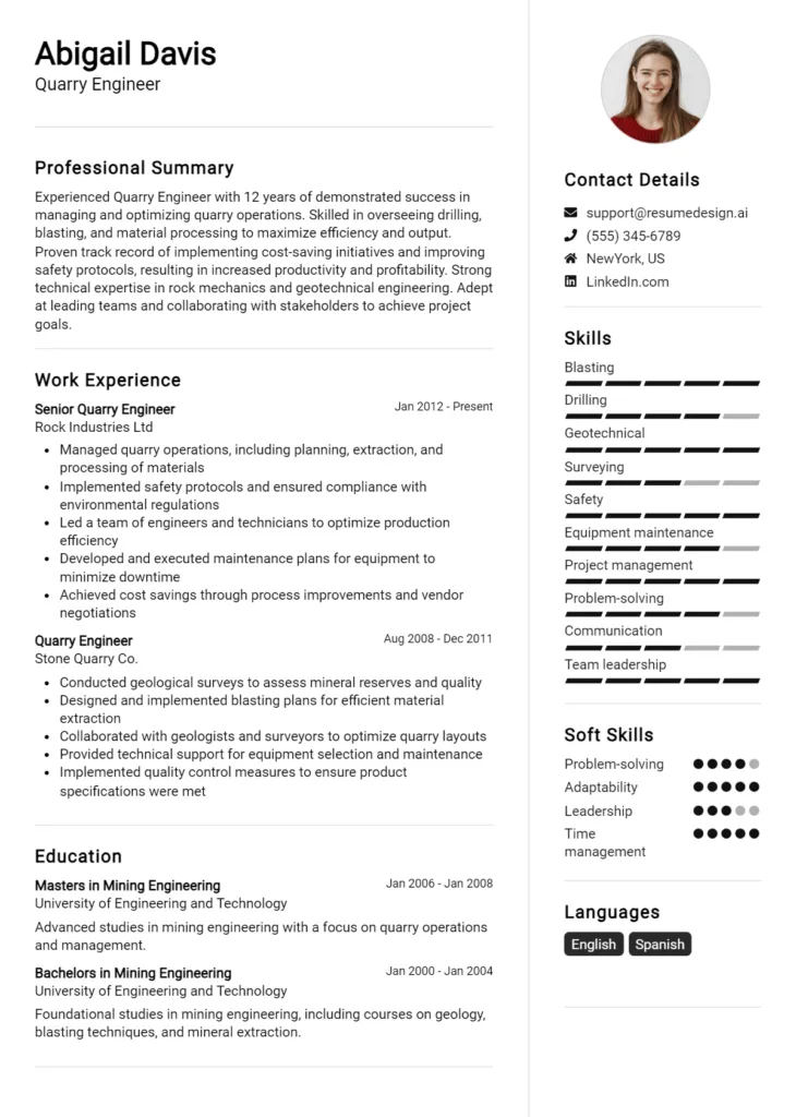 Quarry Engineer Resume Example