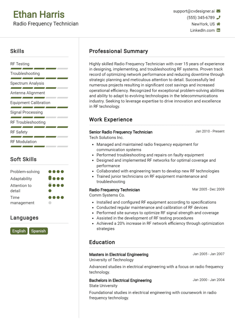 15 Radio Frequency Technician Resume Examples And Templates for 2025