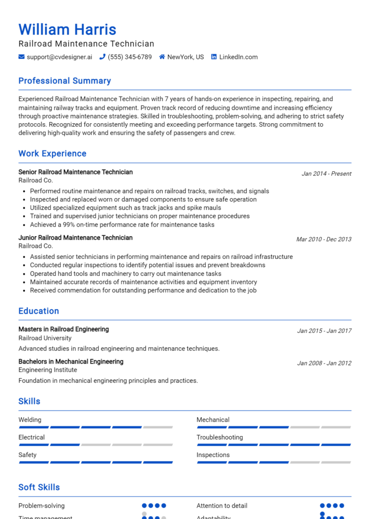 Railroad Maintenance Technician Resume Example