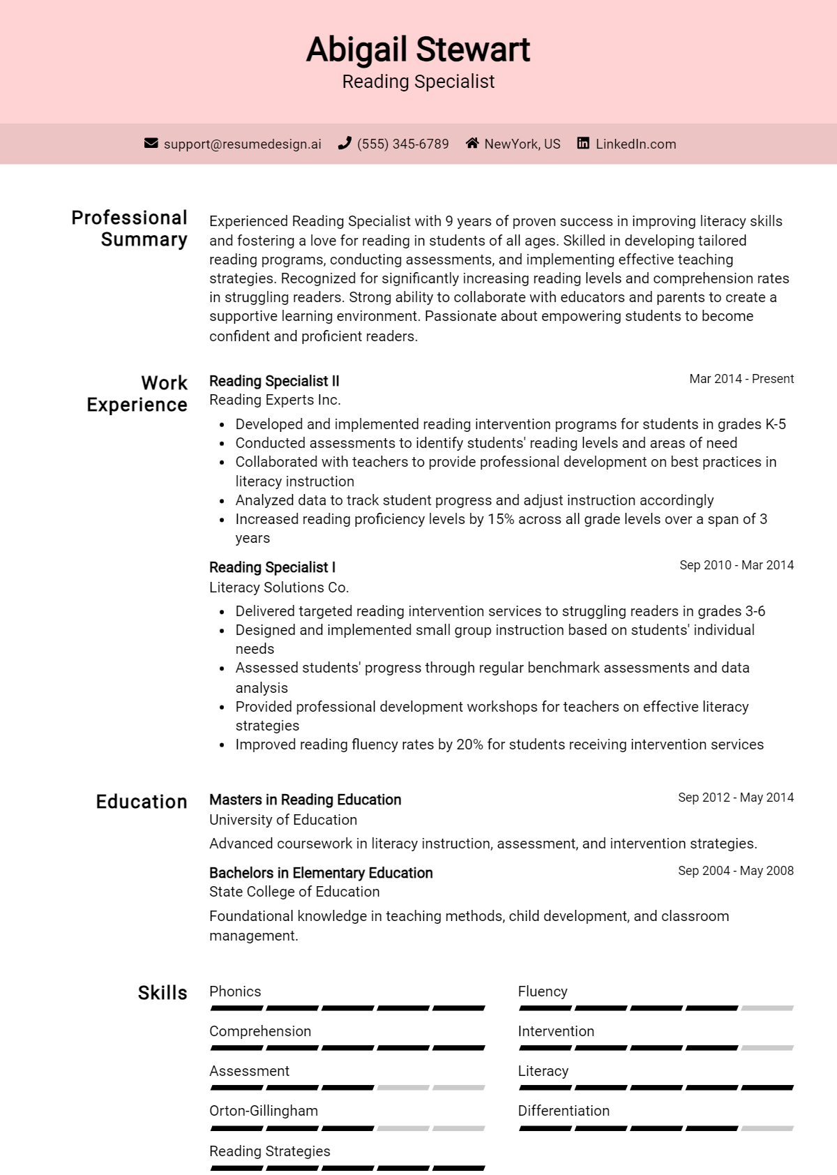 Reading Specialist Resume Example