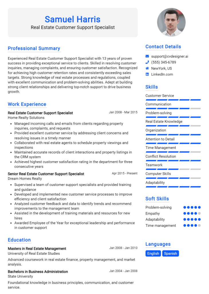 Real Estate Customer Support Specialist Resume Example