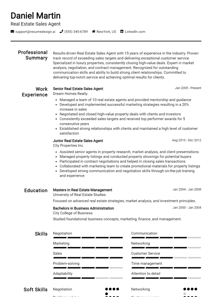 Real Estate Sales Agent Resume Example