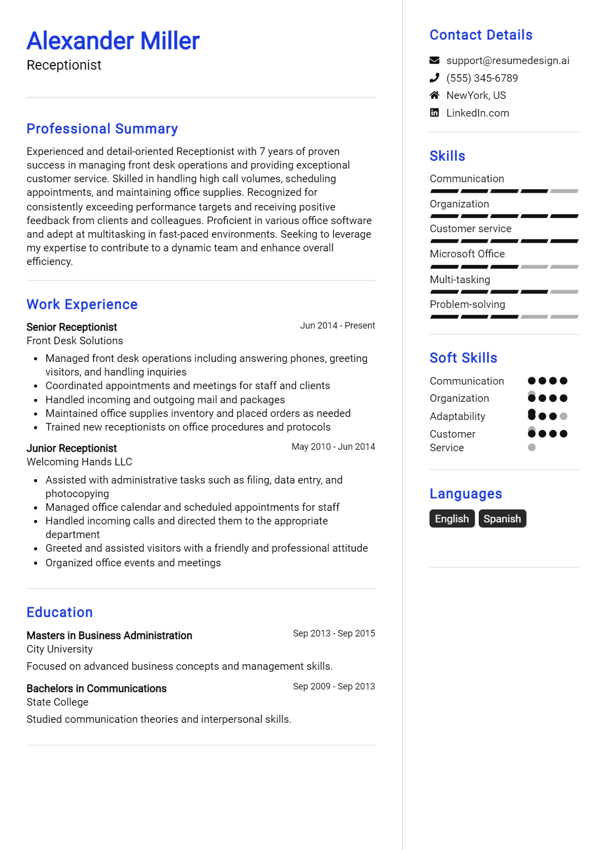 Receptionist Resume Example