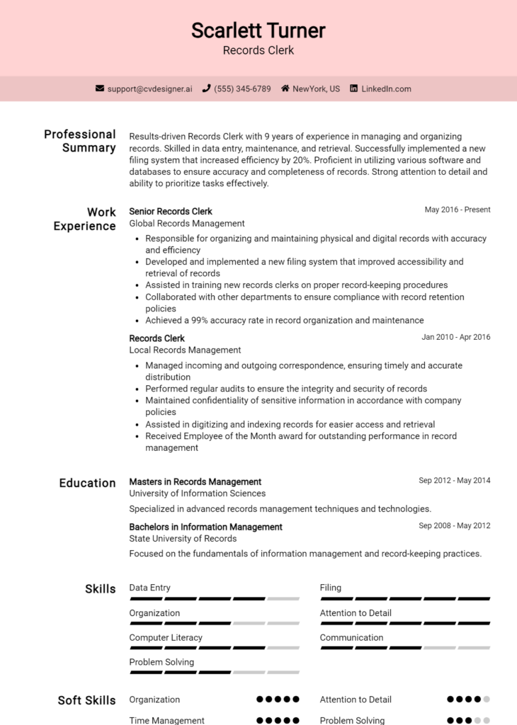 Records Clerk Resume Example