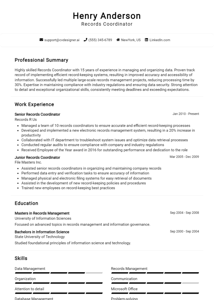 Records Coordinator Resume Example