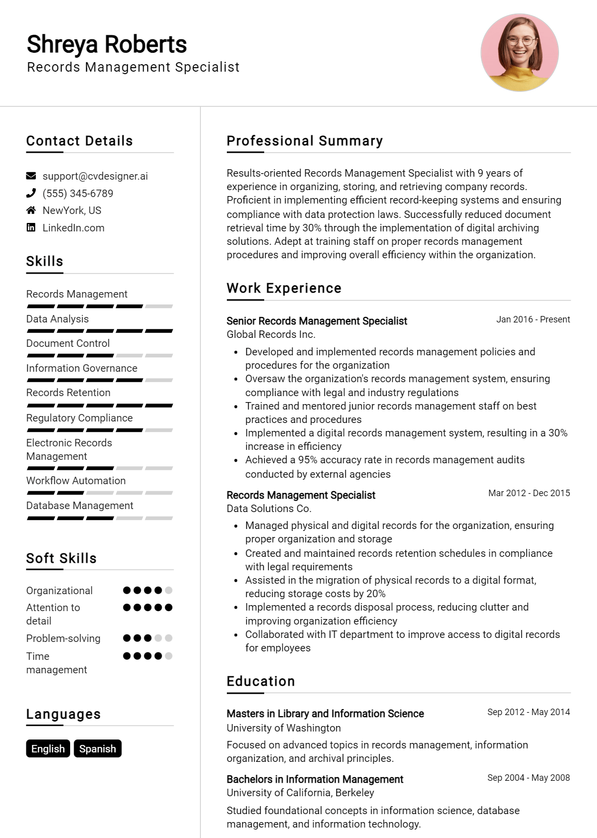 Records Management Specialist Resume Example