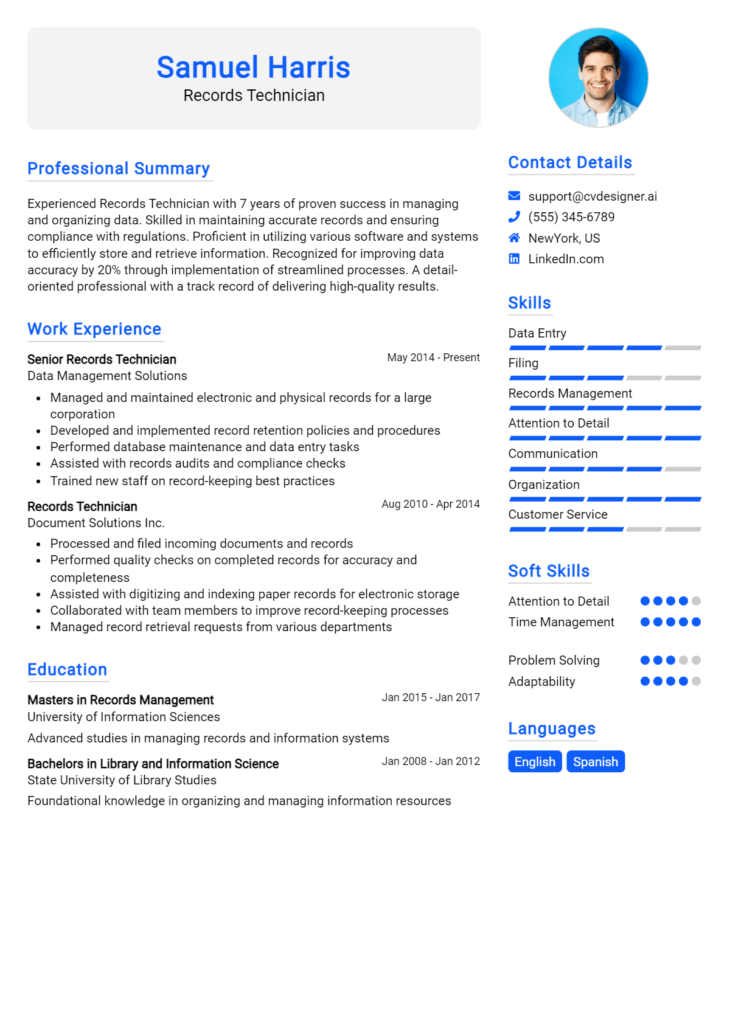 Records Technician Resume Example