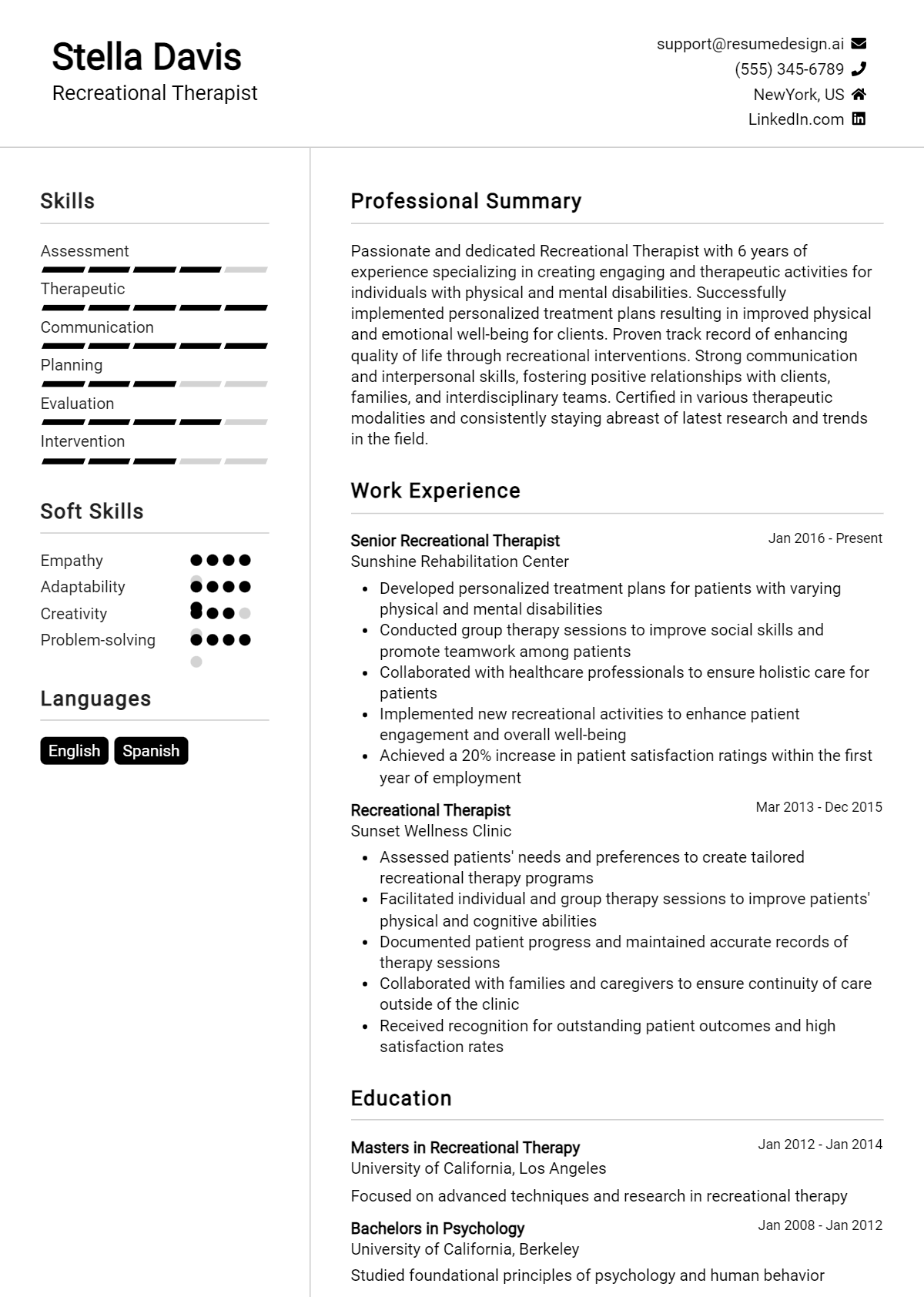 Recreational Therapist Resume Example