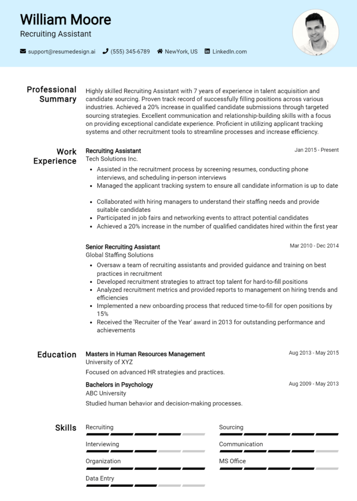 Recruiting Assistant Resume Example