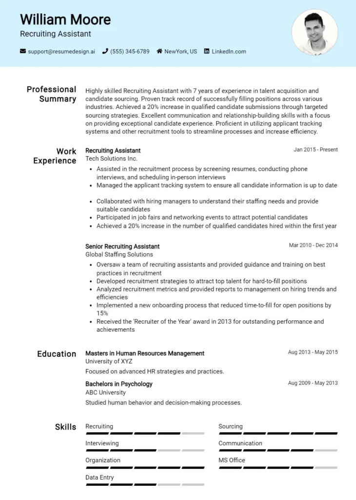 Recruiting Assistant Resume Example