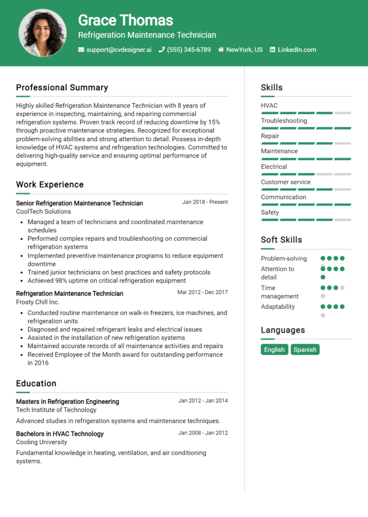 Refrigeration Maintenance Technician Resume Example