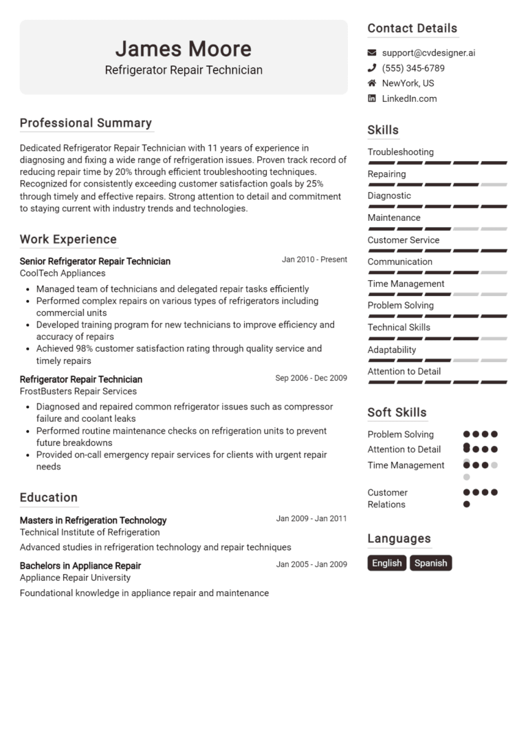 12 Refrigerator Repair Technician Resume Examples And Templates for 2025