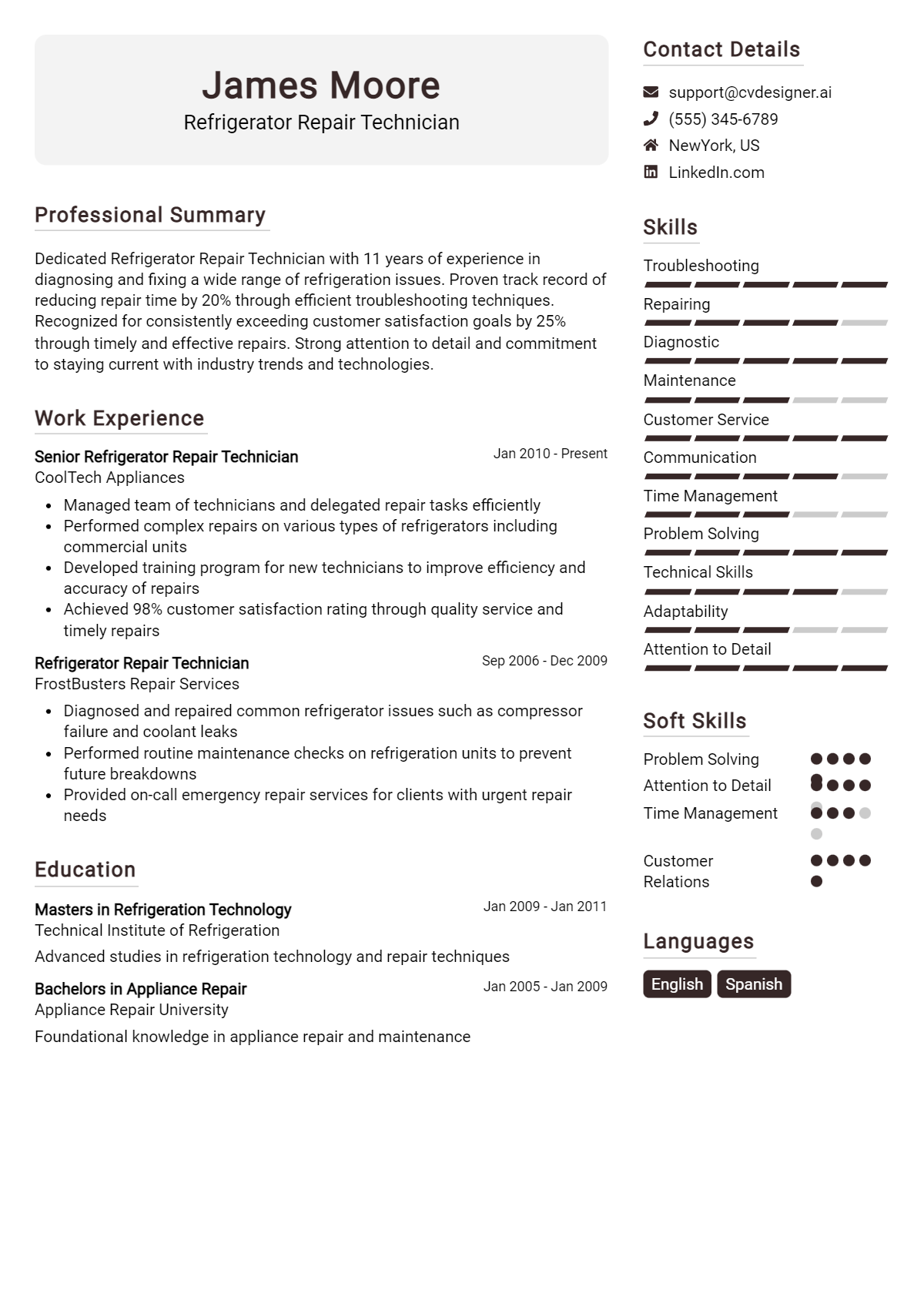 Refrigerator Repair Technician Resume Example