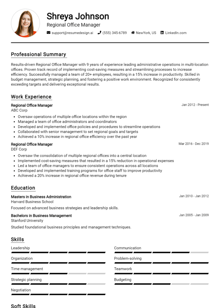 Regional Office Manager Resume Example