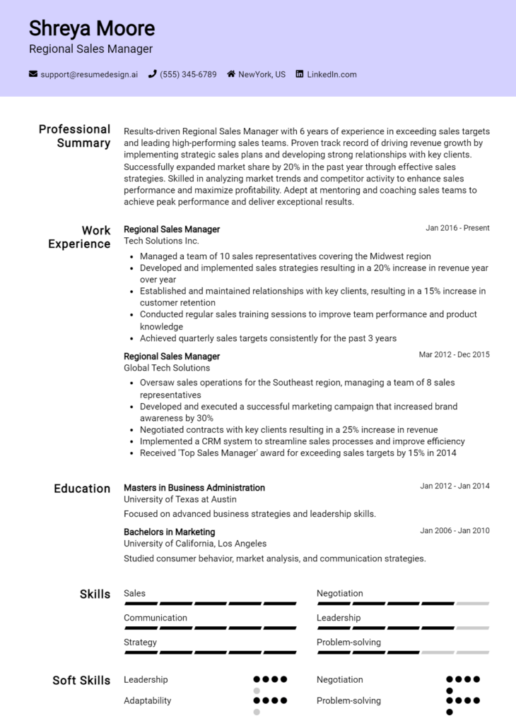 Regional Sales Manager Resume Example