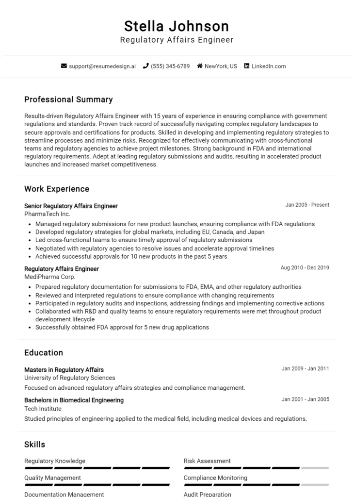 Regulatory Affairs Engineer Resume Example