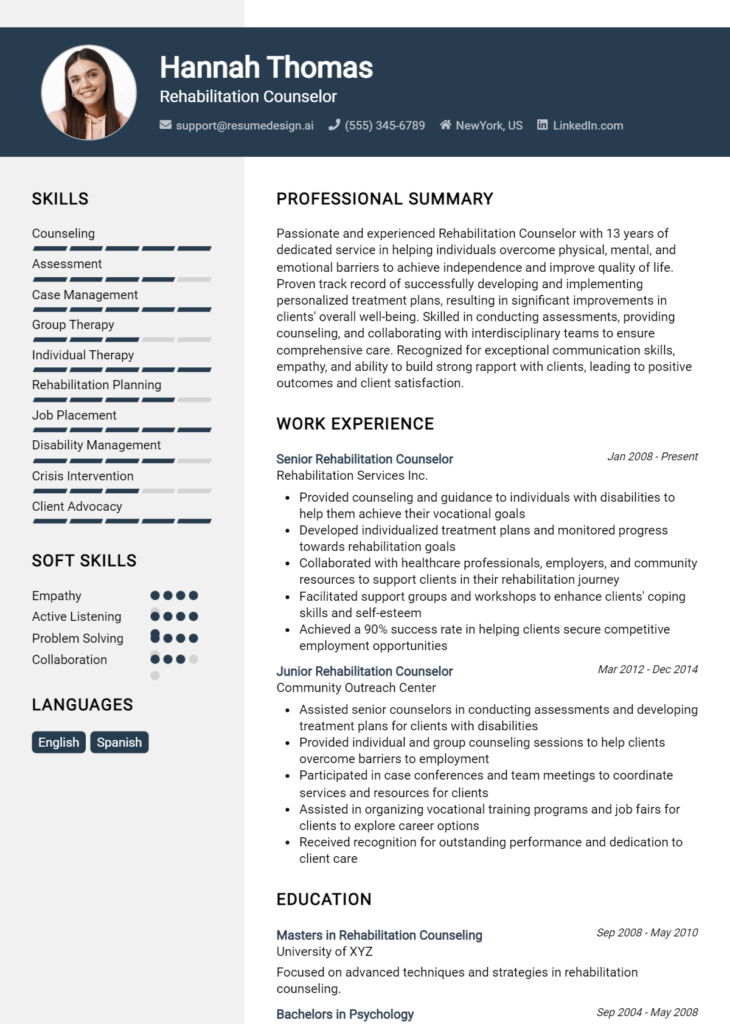 Rehabilitation Counselor Resume Example