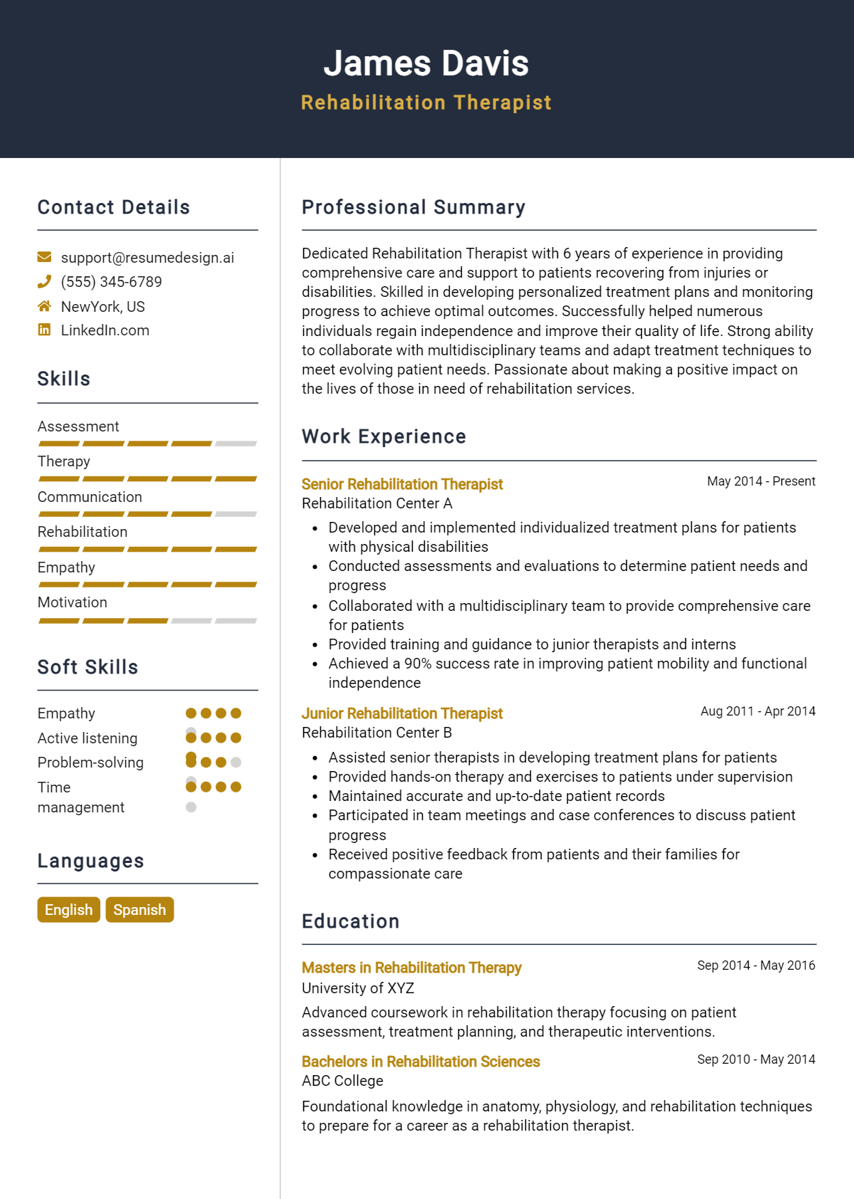 Rehabilitation Therapist Resume Example