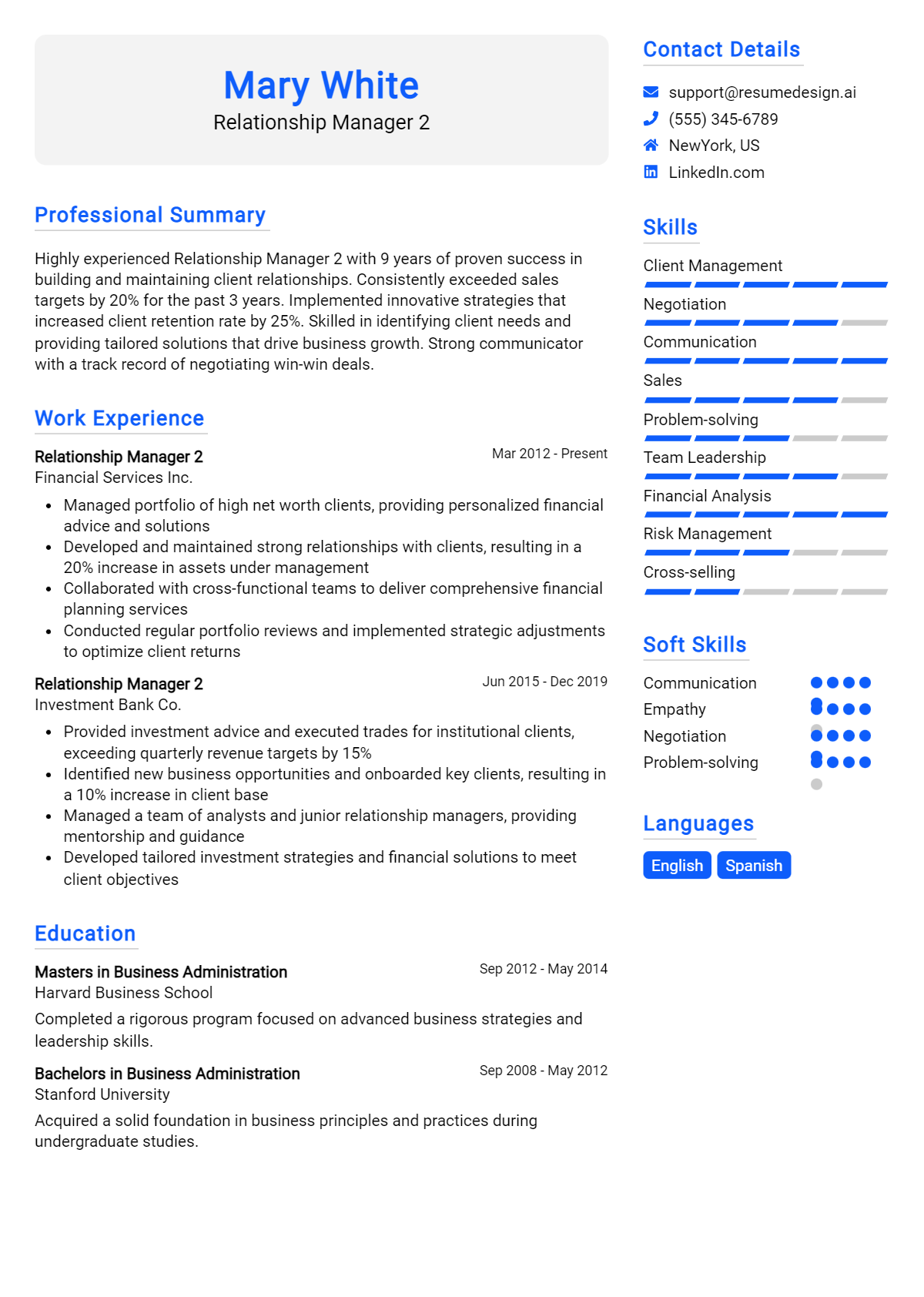 Relationship Manager 2 Resume Example