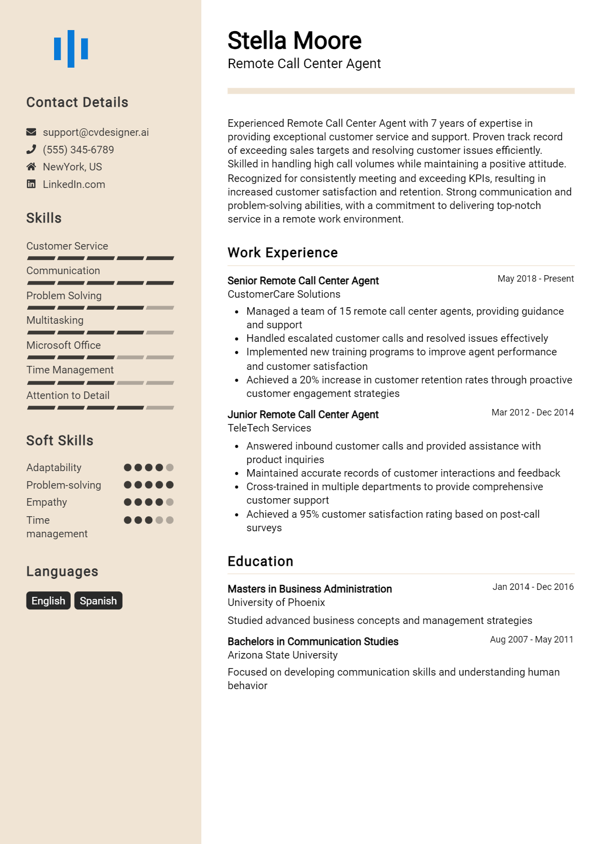 Remote Call Center Agent Resume Example